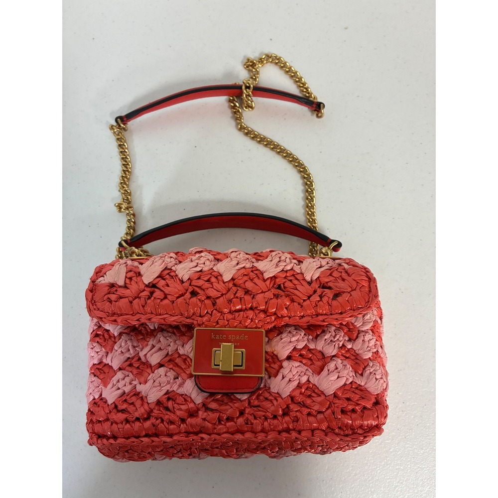 Kate Spade Red Pink Woven Straw Chevron Crossbody Bag Gold Chain Strap